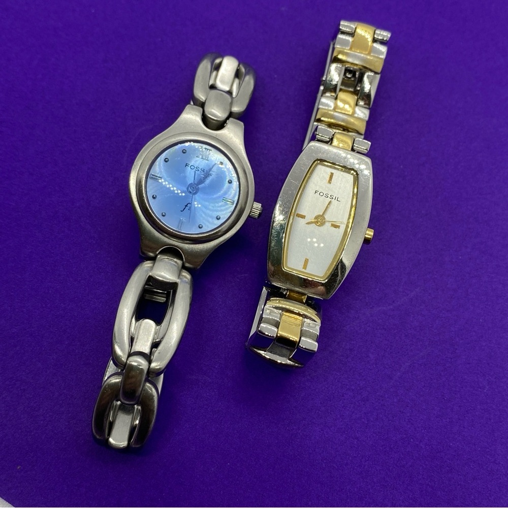 FOSSIL F2 Watches Pair Silver Gold Blue Face Womens Watches